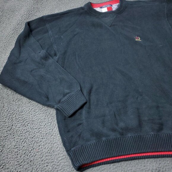VINTAGE 90s Tommy Hilfiger Sweater Mens 2XL XXL Black Thick  Heavy y2K Crewneck - Picture 4 of 9
